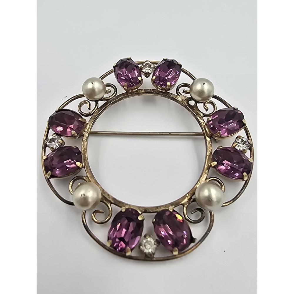 Vintage VAN DELL Signed Amethyst Purple Rhinestone Pearl Brooch 1/20 12k Gold